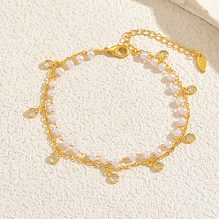 Прозрачный Модные круглые браслеты на ногу с имитацией жемчуга, латунными бусинами и кубическими циркониями, плоские круглые двухслойные браслеты с кисточками, реальный 18 k позолоченный, прозрачные, 7-7/8 дюйм (200 мм)