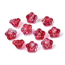 Малиновый Гальванизируйте прозрачное стекло бисер нитей, петуния цветок, с покрытием AB цвета, малиновый, 5.5~6.5x8~8.5x8~8.5 мм, отверстие : 1~1.2 мм, около 100 шт / нитка, 21.26~21.65 дюйм (54~55 см)