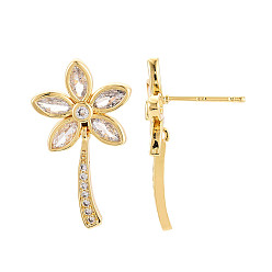Настоящее золото 18K Серьги-гвоздики с цветочным узором из латуни с микропаве из прозрачных кубических цирконий, реальный 18 k позолоченный, 27~27.5x16 мм, штифты : 1 мм