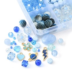 Blue DIY Charm Bracelet Making Kit, Including Oval & Round & Imitation Pearl Acrylic & Plastic & Glass Seed Beads, Lightning Bolt & Flower & Heart Alloy Enamel Charms, Blue, 1157Pcs/bag