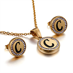Letter C Плоский круглый с буквенным узором 304 ожерелье с подвеской из нержавеющей стали и серьгами-гвоздиками, золотые, буква С, 450 мм