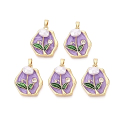 Средний Фиолетовый Латунь эмаль подвески, шестиугольные и цветочные подвески, с имитацией жемчуга ABS и микропаве из прозрачного кубического циркония, реальный 18 k позолоченный, средне фиолетовый, 22x19x6 мм, отверстие : 5x2.5 мм