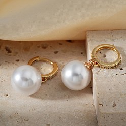 Белый Круглые серьги-кольца с искусственным жемчугом из латуни, золотые, с кубического циркония, белые, 30x14 мм