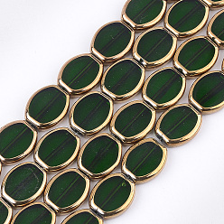 Dark Green Electroplate Glass Beads Strands, Oval, Dark Green, 17x14x4.5mm, Hole: 1.2mm, about 20pcs/strand, 12.9 inch