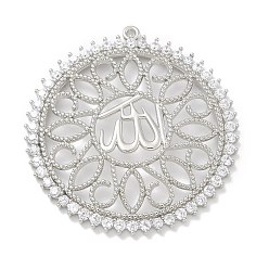 Платина Покрытие стойки латунь микропаве прозрачные подвески из кубического циркония, долговечный, без свинца и без кадмия, плоский круглый с арабскими чарами, платина, 41.5x39x4 мм, отверстие : 1.5 мм
