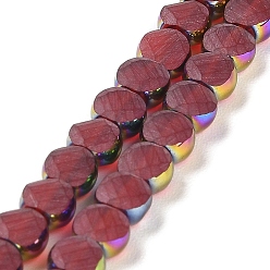 Indian Red Electroplate Frosted Glass Beads Strands, Rainbow Plated Edge Beads , Faceted Flat Round, Indian Red, 5~6x6~6.5x3.5~4mm, Hole: 1.2~1.4mm, about 100pcs/strand, 21.10''(53.6cm)
