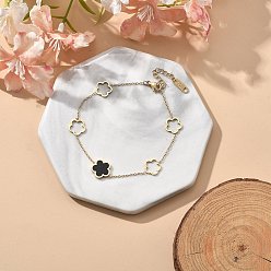 Черный Ионное покрытие (ip) 304 браслеты из нержавеющей стали, ювелирные изделия из кабельной цепи для женщин, с эмалью, цветок, чёрные, 7-1/8 дюйм (18 см)