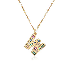 Letter W Ожерелья с подвесками-инициалами из латуни и разноцветными кубическими цирконами для женщин, реальный 18 k позолоченный, Буква W, 17.72 дюйм (45 см), Кулон : 22x19 мм