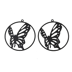 Schwarz Sprühlackierte 403 Edelstahlanhänger, flach rund mit Schmetterlingsanhängern, Schwarz, 33x30.5x0.2 mm, Bohrung: 1.2 mm