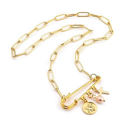 Saumon Clair Colliers pendants, avec des perles de nacre naturelle, épingles de sûreté de fer, breloques en laiton et chaînes trombones, croix et rond plat avec ange, or, saumon clair, 19.80 pouce (50.3 cm)