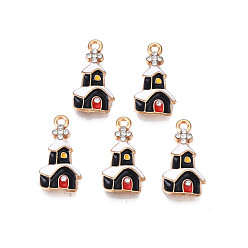 Black Rack Plating Alloy Enamel Pendants, with Crystal Rhinestone, Cadmium Free & Nickel Free & Lead Free, Light Gold, Christmas, House, Black, 22x11.5x3mm, Hole: 1.8mm