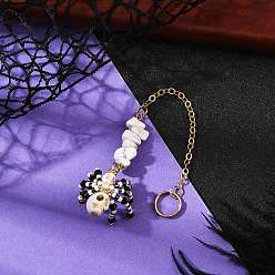 Говлит Подвеска в виде паука и черепа на тему Хэллоуина из окрашенной синтетической бирюзы и стеклянных бусин, с синтетической хаулитовой крошкой и латунными цепями, 156 мм, отверстие : 17 мм