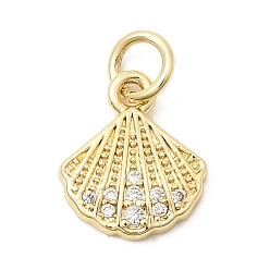 Shell Shape Подвески из латуни с прозрачным фианитом, без свинца и без кадмия, долговечный, реальный 18 k позолоченный, формы раковины, 12x10x2 мм, Перейти кольцо: 5x1 мм, внутренний диаметр: 3 мм