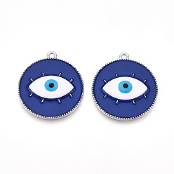 Темно-Синий Подвески из эмали и сплава, без кадмия и без свинца, платина, плоский круглый с оберегом от сглаза, темно-синий, 27x24x3.2 мм, отверстие : 1.6 мм