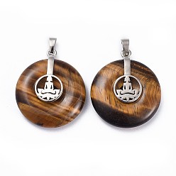 Тигровый глаз Природных тигровый глаз подвески, с латунной фурнитурой платинового цвета, пончик / пи диск с буддой, 35.5x30x8.5~9.5 мм, отверстие : 4.5x6.5 мм