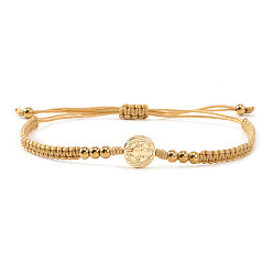 Цвет Древесины Регулируемые латунные плетеные браслеты из бусин, Браслеты из плетеного волоконного шнура для женщин и мужчин, плоские круглые с святым Бенедиктом, золотые, деревесиные, 11.02 дюйм (28 см)