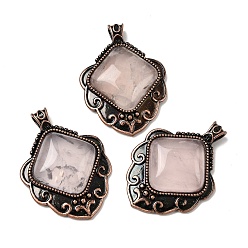 Розовый Кварц Подвески в виде ромбов из натурального розового кварца, с винтажной латунной рамкой красного медного оттенка, 40~40.5x29~29.5x7.5 мм, отверстие : 5x3.5 мм