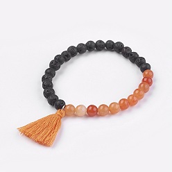 Aventurine Natural Red Aventurine Stretch Bracelets, with Lava Rock and Cotton Thread Tassel, 2-1/8 inch(5.5cm)