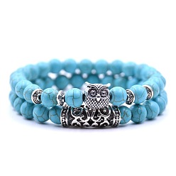 Synthetic Turquoise Synthetic Turquoise Stretch Bracelets Set with Alloy Owl Beaded, Gemstone Jewelry for Women, 7-1/2 inch(19cm), 1Pc/style