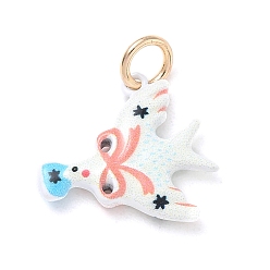 Light Salmon Brass with Enamel Pendants, Dove with Bowknot Charms, Golden, Light Salmon, 17x17x3.5mm, Hole: 4mm