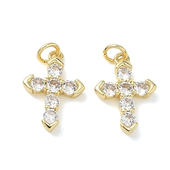 Clear Easter Religion Brass Micro Pave Clear Cubic Zirconia Pendants, Cross Charms, Real 18K Gold Plated, 18x12x3mm, Hole: 3.5mm