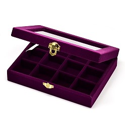 Purple Wooden Rectangle Jewelry Boxes, Covered with Velvet, with Glass and Iron Clasps, 12 Compertments, Purple, 20.2x15.3x4.8cm