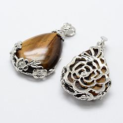 Тигровый глаз Природных тигровый глаз подвески, с латунной фурнитурой , слеза, платина, 40.5x27x8.5 мм, отверстие : 4x6.5 мм