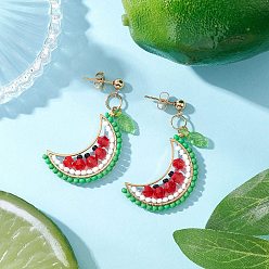 Арбуз Серьги-гвоздики с фруктами из стекла, с акриловыми листьями и 304 фурнитурой для сережек из нержавеющей стали, арбуз, 42~43.5x19.5 мм