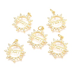 Real 18K Gold Plated Brass Micro Pave Clear Cubic Zirconia Pendants, Flat Round with Word Mom, Real 18K Gold Plated, 21.5x19.3x2.4mm, Hole: 3.6mm