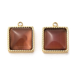 Sienna 304 Stainless Steel Charms, with Cat Eye, Saqure Charms, Real 14K Gold Plated, Sienna, 14.5x12x5mm, Hole: 1.5mm
