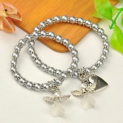 Lichtgrau Schönen Hochzeitskleid Engel-Schmuck-Sets für Mutter und Tochter, Stretch-Armbänder, mit Glas-Perlen und tibetischen Stil Perlen, lichtgrau, 45 mm und 55 mm Innendurchmesser