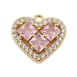 Real 18K Gold Plated Brass Micro Pave Pink Cubic Zirconia Charms, Heart Charms, Rack Plating, Long-Lasting Plated, Cadmium Free & Lead Free, Real 18K Gold Plated, 13.5x15x4mm, Hole: 1.2mm
