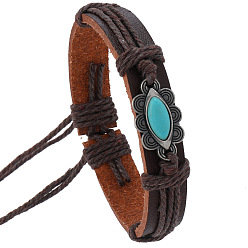 Кокосово-Коричневый Регулируемые браслеты из искусственной кожи, с конским глазом, сплав браслеты из цветочных звеньев для мужчин, кокосового коричневый, внутренний диаметр: 2-1/8~2-3/4 дюйм (5.5~7 см)
