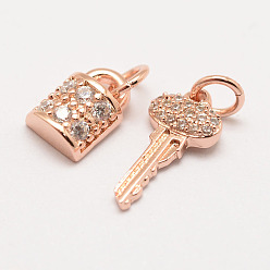Розовый Позолоченный Латунь микро проложит класс Aaa кубического циркония прелести, долговечный, ключ и замок, без кадмия, без никеля и без свинца, Настоящее розовое золото покрыто, 14x7x3 мм и 9x6x4 мм, отверстие : 3 мм