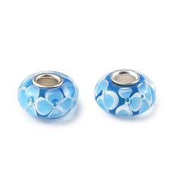 Light Sky Blue Lampwork & Brass Core European Beads, Large Hole Beads, Rondelle with Flower, Light Sky Blue, 15x7.5mm, Hole: 4mm