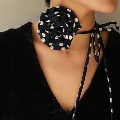 Midnight Blue Polka Dot Pattern Fabric Rose Tie Choker Necklaces for Women, Adjustable Jewelry for Birthday Wedding Party, Midnight Blue, 56.69~56.89inch(144~144.5cm), 6mm