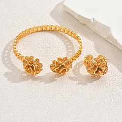 Золотой Элегантный комплект из латунного кольца-манжеты и браслета с цветком для женщин, золотые