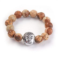 Bildjaspisses Natürliche Bild Jaspis Stretch Ringe, Mit legierten buddha perlen, facettiert, Runde, Antik Silber Farbe, Größe 8, 18 mm