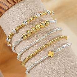 Golden & Silver Brass Round Beaded Stretch Bracelet Sets, Multi-layered Adjustable Stackable Bracelets, Golden & Silver, 6.89 inch(17.5cm), 5pcs/set