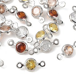 Mixed Color SHEGRACE Brass Pave Cubic Zirconia Flat Round Connector Charms, Cadmium Free & Nickel Free & Lead Free, Long-Lasting Plated, Real Platinum Plated, Mixed Color, 10.5x5x2mm, Hole: 1.2mm