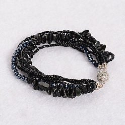 Black Agate Black Agate  Multi-strand Bracelets, with Glass Beads and Magnetic Clasps, 210~220mm