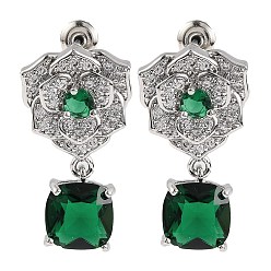 Темно-Зеленый Серьги-гвоздики из латуни с микропаве и кубическим цирконием, покрытие стойки, цветок, темно-зеленый, 26.5x14.5 мм