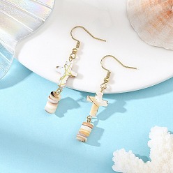 Golden Natural Freshwater Shell Dangle Earrings, Cross, 304 Stainless Steel Dangle Earrings for Women, Golden, 51x12mm