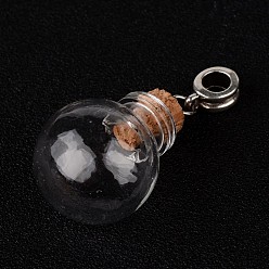 Античное Серебро Круглая стеклянная бутылка желаний европейские висячие подвески, с поручнями из сплава и железными выводами, античное серебро, 45 мм, отверстие : 4.5 мм, емкость: 2.5 мл (0.08 жидких унций)