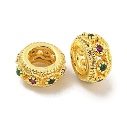 Настоящее золото 18K Покрытие стойки латунь микро паве разноцветные европейские бусины с кубическим цирконием, бусины с большим отверстием, долговечный, без свинца и без кадмия, рондель, реальный 18 k позолоченный, 7.8x4 мм, отверстие : 4 мм