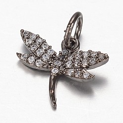 Черный Цвет Металла Латунные микро проложить кубического циркония прелести, стрекоза, металлический черный , 13.5x15x3 мм, отверстие : 4 мм