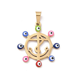 Colorful PVD Vacuum Plating 304 Stainless Steel Enamel Pendants, Golden, Hollow, Anchor with Evil Eye, Colorful, 24.5x22x2mm, Hole: 5x3mm