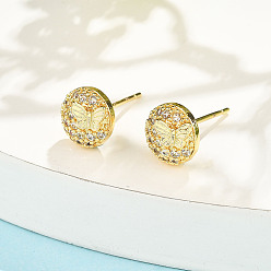 Золотой Плоские круглые серьги-гвоздики с бабочкой из латуни с микропаве из прозрачных кубических цирконий, стойки покрытие, долговечный, без свинца и без кадмия, золотые, серьга-гвоздик из латуни с кубическим цирконием, стойки покрытие, долговечный, без свинца и без кадмия, плоско-круглые