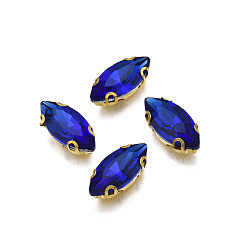 Dark Blue Sew on Rhinestone, Transparent Glass Rhinestones, with Iron Prong Settings, Faceted, Horse Eye, Dark Blue, 15x7x4.5mm, Hole: 1mm