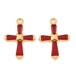 Red 304 Stainless Steel & Glass Pendants, Cross Charm, Faceted, Real 18K Gold Plated, Ion Plating(IP), Long-Lasting Plated, Red, 24x17x3.5mm, Hole: 2mm